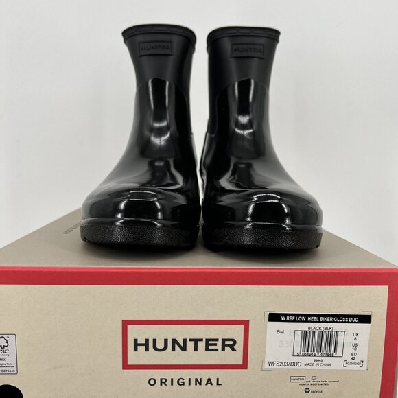 NWB HUNTER Women Refined Low Heel Biker Rubber Black Gloss Rain Boot Duo Size 10 - Picture 2 of 13